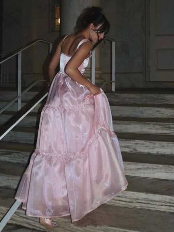 Soft Spaghetti Strap Sleeveless A-line Satin Long Prom Dresses For Party, PG820