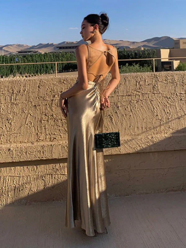Soft Halter Sleeveless Mermaid Satin Long Prom Dresses For Party, PG606