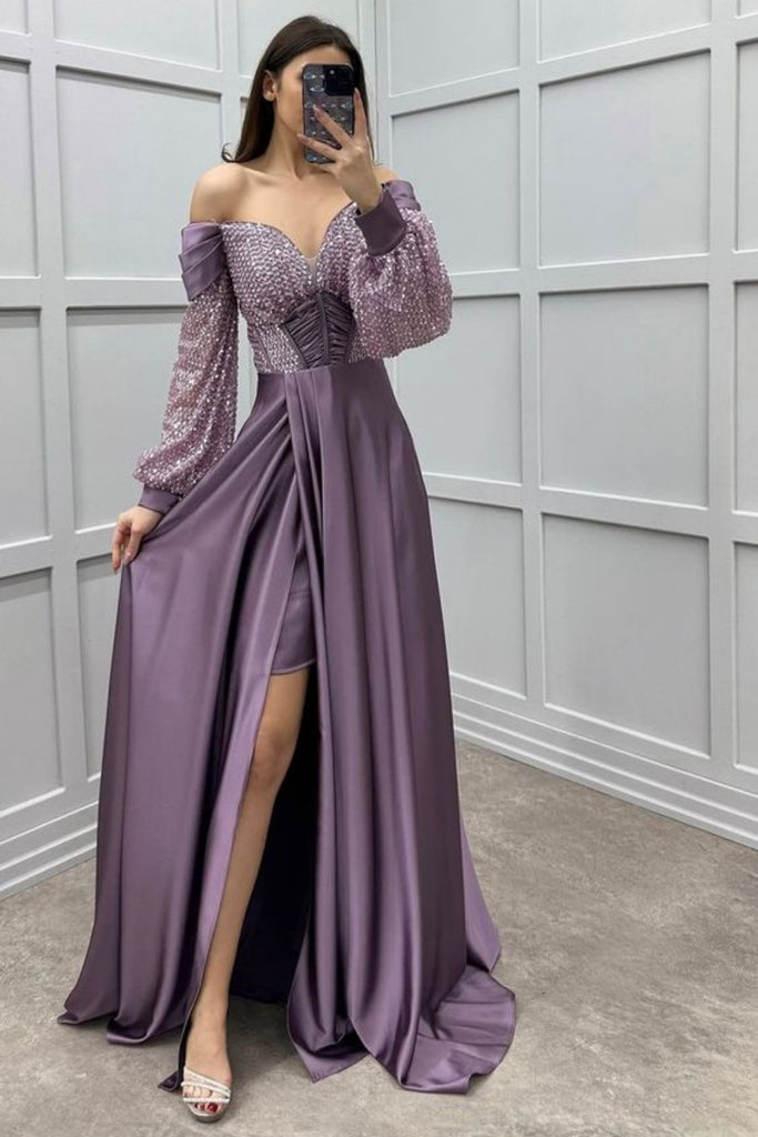 Elegant Off-shoulder Full Sleeve Mermaid Satin Long Prom Dresses For Party, PG634