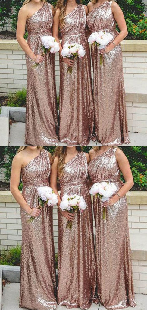 Shiny One-shoulder Sleeveless A-line Sparkly Bridesmaid Dresses For Wedding Party, PGB68