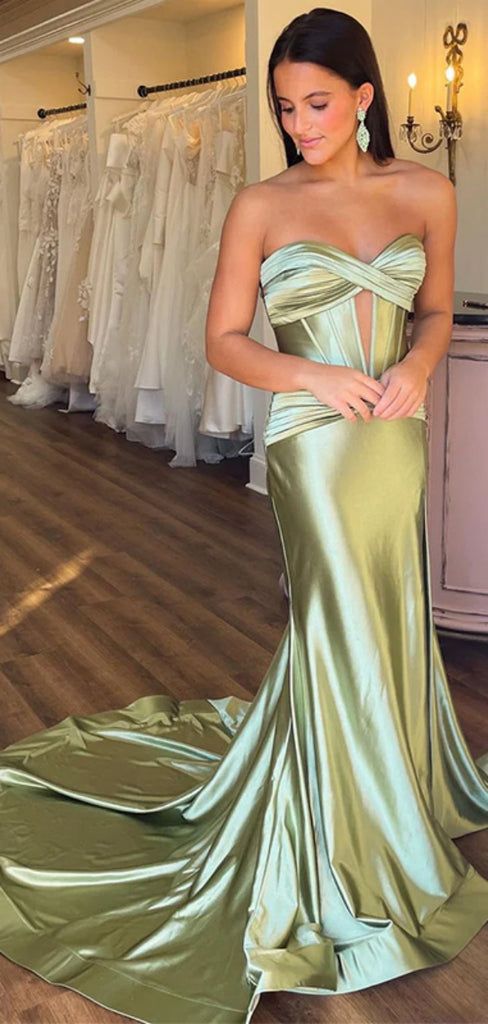 Sexy Spaghetti Strap Sleeveless Mermaid Satin Long Prom Dresses With Trailing For Party, PG216