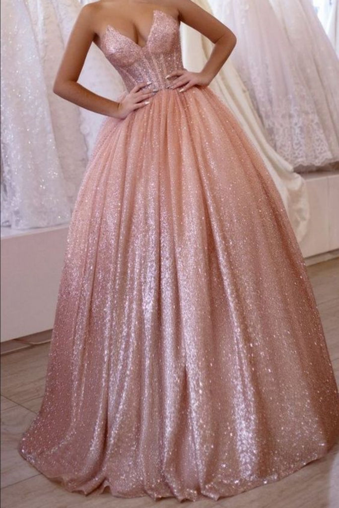 Shiny Sweetheart Sleeveless A-line Sequin Long Prom Dresses For Party, PG510