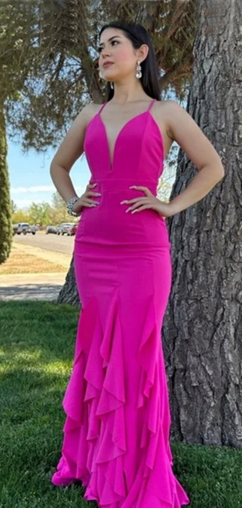 Sexy V-neck Spaghetti Strap Sleeveless Mermaid Long Prom Dresses, PG60