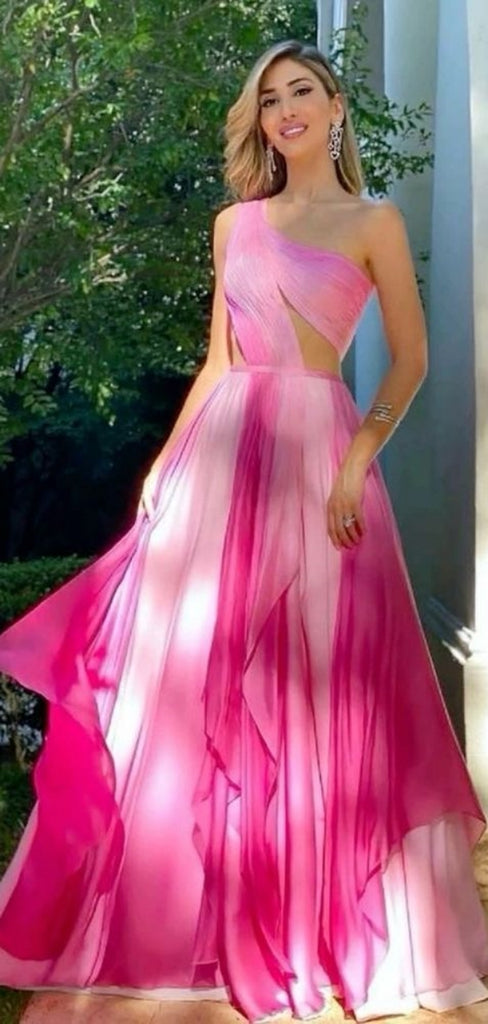 Gorgeous One-shoulder Sleeveless A-line Chiffon Long Prom Dresses For Party, PG518