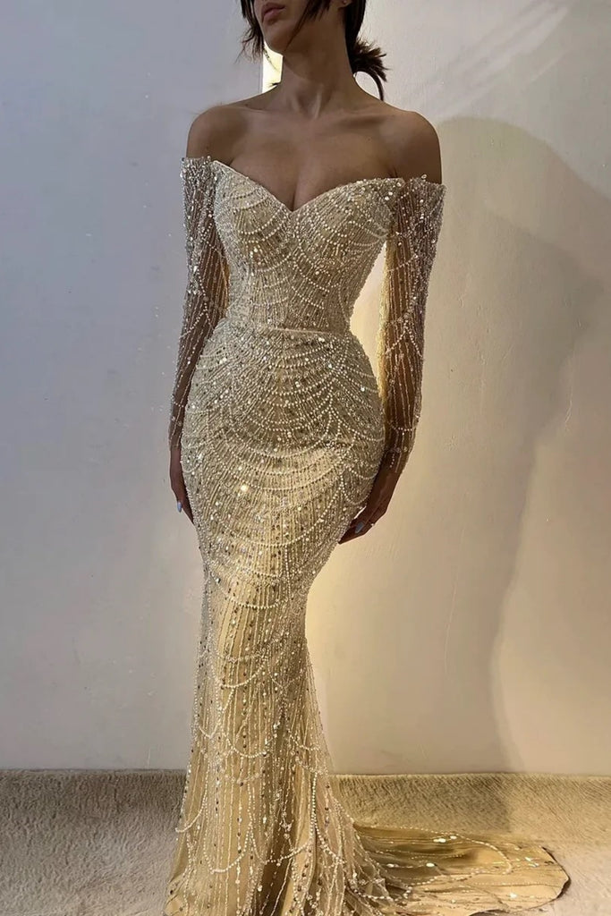 Gorgeous Sweetheart Full Sleeve Mermaid Champagne Long Prom Dresses For Party, PG493