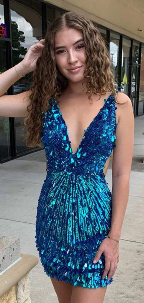 Sexy V-neck Short Sleeveless Sequin Mermaid Homecoming Dresses For Party, PGH316