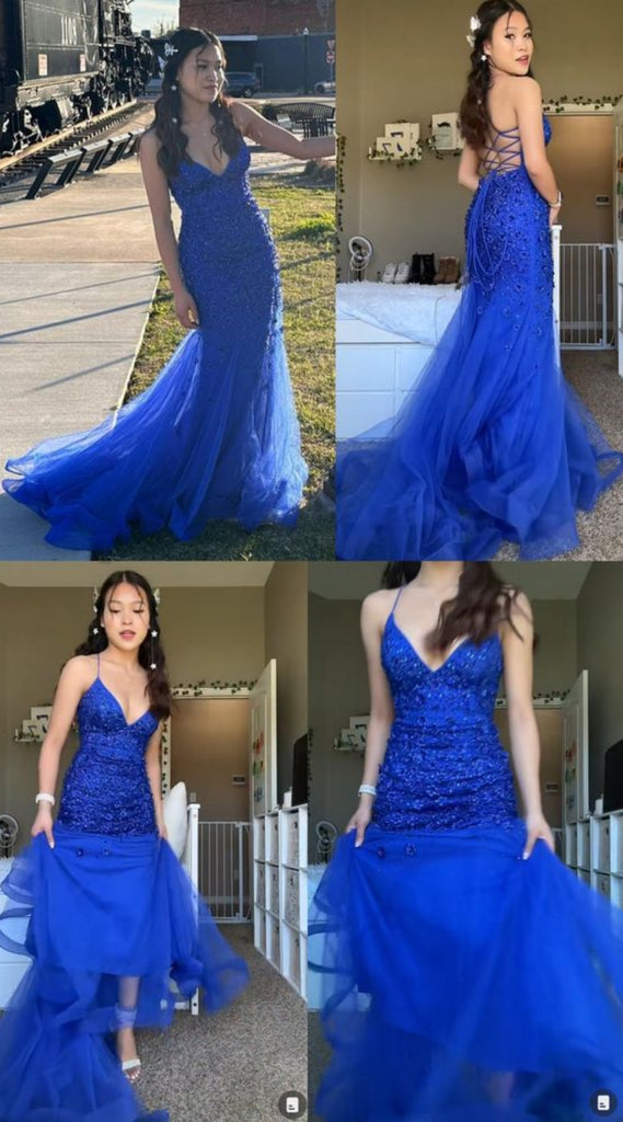 Elegant Spaghetti Strap V-neck Sleeveless Mermaid Lace Long Prom Dresses For Party, PG476