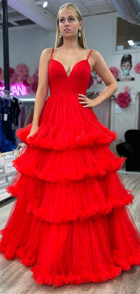 Elegant V-neck Spaghetti Strap Sleeveless Tulle A-line Red Long Prom Dresses For Party, PG204