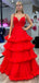 Elegant V-neck Spaghetti Strap Sleeveless Tulle A-line Red Long Prom Dresses For Party, PG204