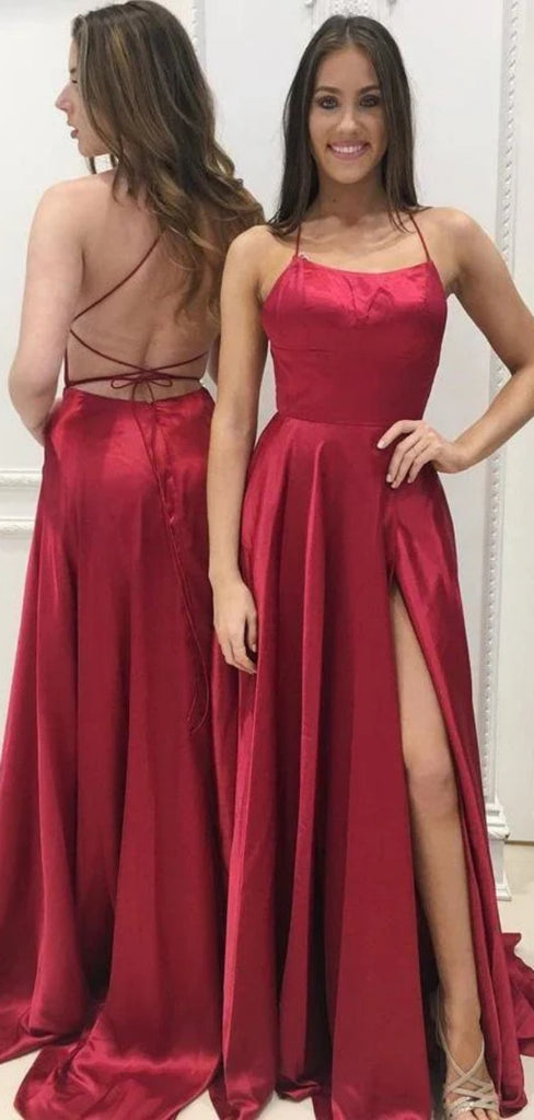 Simple Spaghetti Strap Sleeveless A-line Satin Long Prom Dresses With Slit For Party, PG372