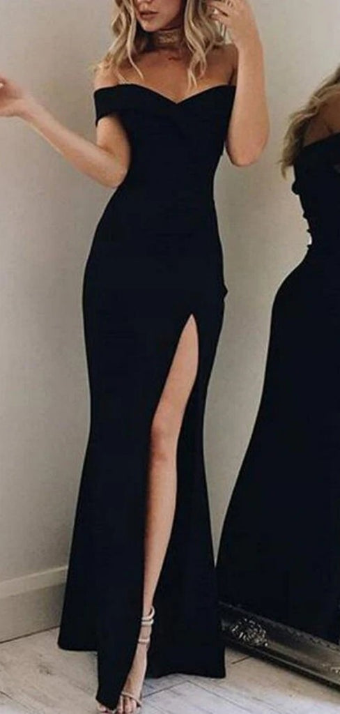 Sexy Off-shoulder Sleeveless Mermaid Jersey Long Prom Dresses With Slit For Party, PG368