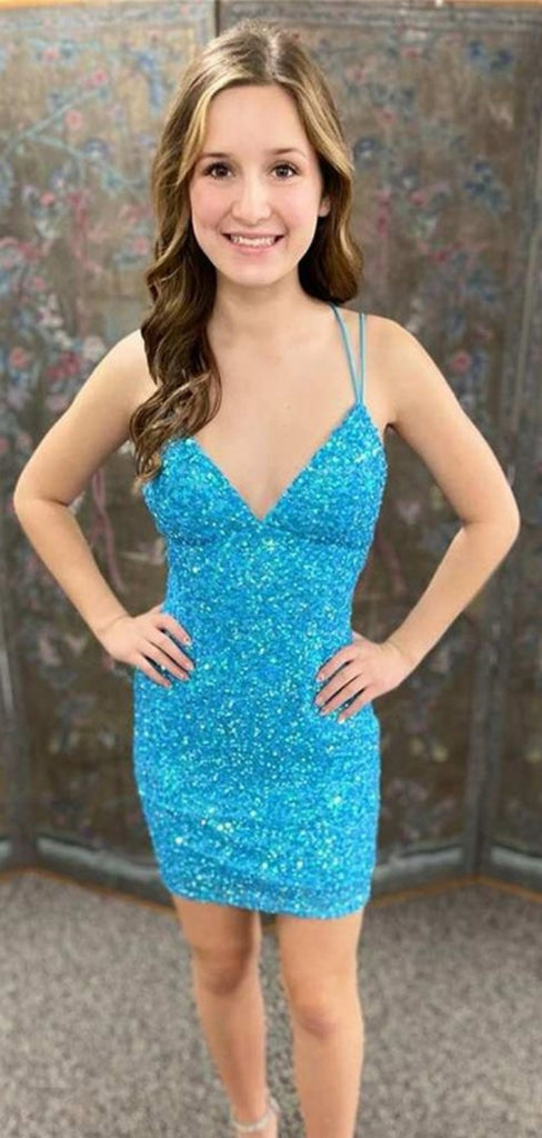 Sexy Spaghetti Strap V-neck Sleeveless Short Mermaid Homecoming Dresses For Party, PGH124