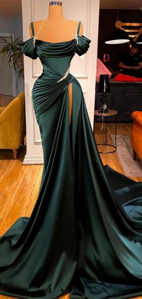 Sexy Off-shoulder Sleeveless Mermaid Satin Long Prom Dresses For Party, PG748