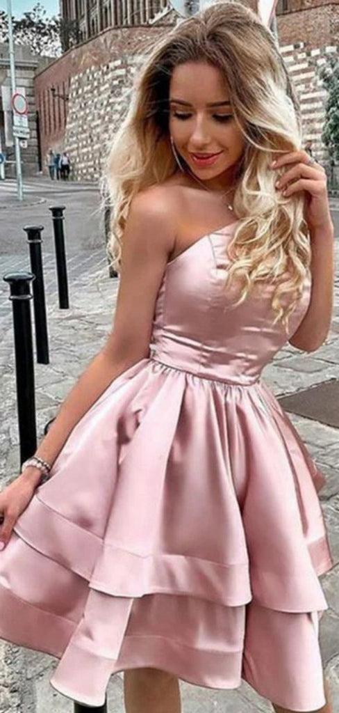 Simple One-shoulder Sleeveless Short A-line Satin Homecoming Dresses For Party, PGH308