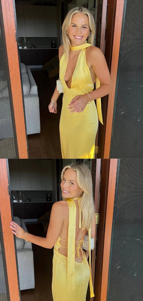 Sexy V-neck Sleeveless Mermaid Satin Long Prom Dresses For Party, PG1023