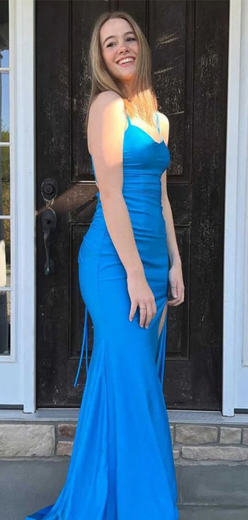 Sexy Spaghetti Strap Sleeveless Mermaid With Side Split Long Prom Dresses, PG56