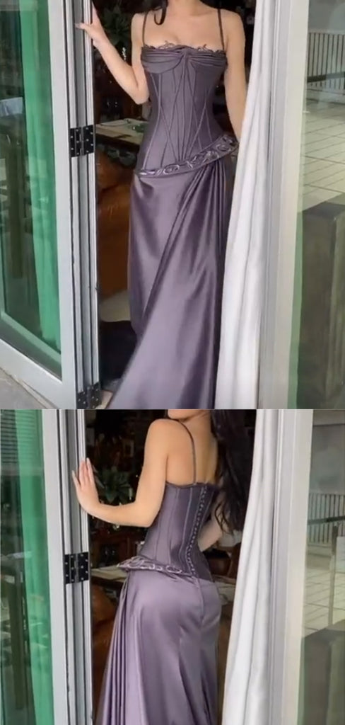 Elegant Spaghetti Strap Sleeveless Mermaid Satin Long Prom Dresses For Party, PG622