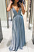 Shiny V-neck Sleeveless A-line Satin Long Prom Dresses For Party, PG594