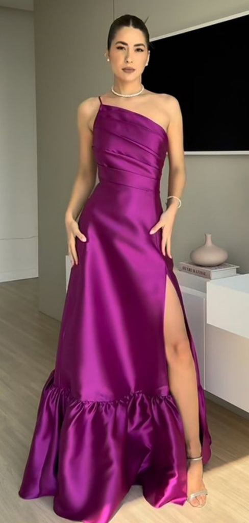 Sexy One-shoulder Sleeveless Mermaid Satin Long Prom Dresses For Party, PG738