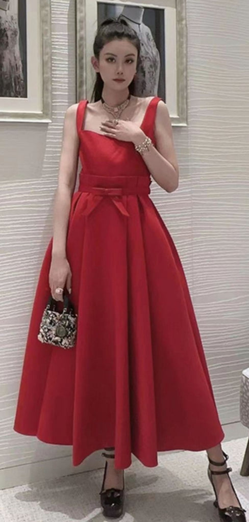 Formal Square Sleeveless A-line Satin Long Prom Dresses For Party, PG788