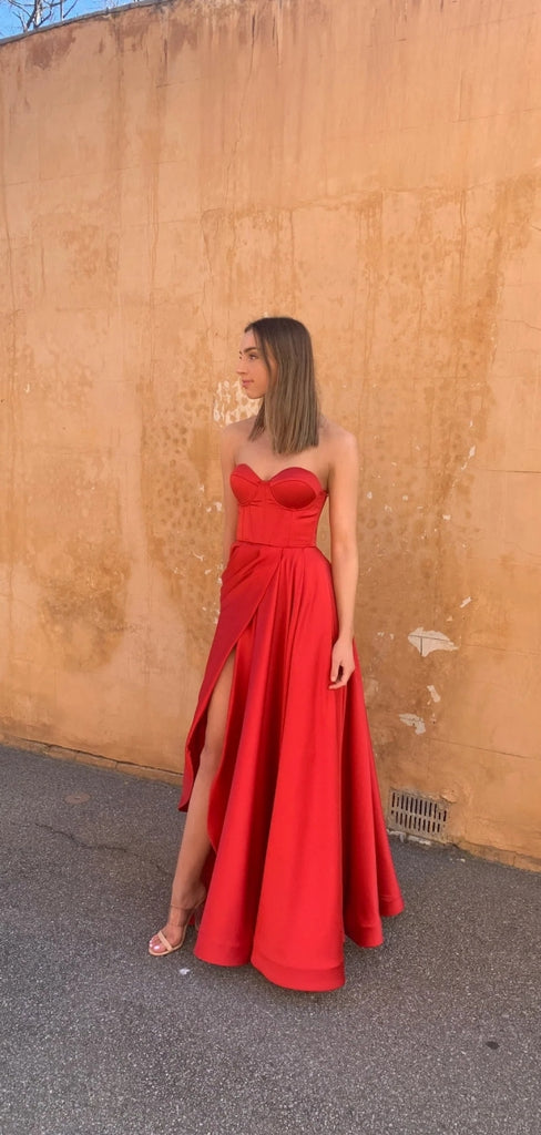 Sexy Sweetheart Sleeveless A-line Satin Long Prom Dresses With Slit For Party, PG304