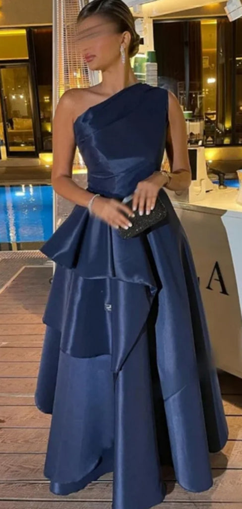 Formal One shoulder Sleeveless A-line Satin Long Prom Dresses For Party, PG582