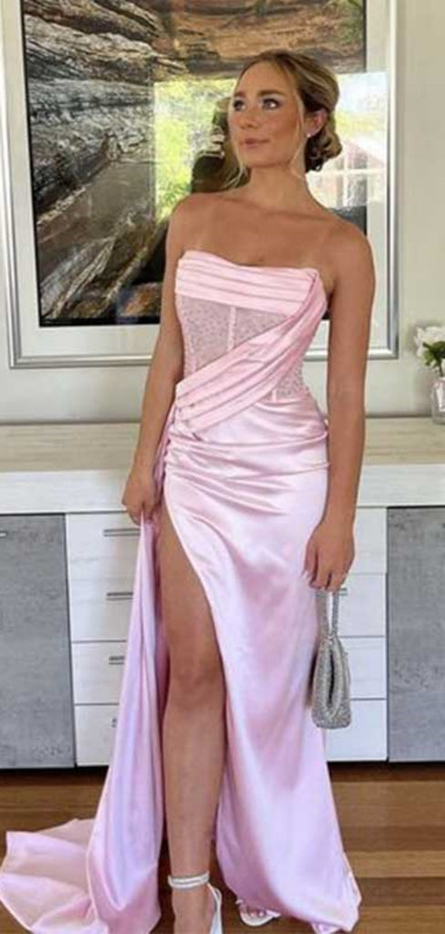 Sexy Sweetheart Sleeveless Mermaid Satin Long Prom Dresses With Slit For Party, PG404