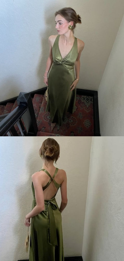 Sexy V-neck Sleeveless Mermaid Satin Long Prom Dresses For Party, PG1019