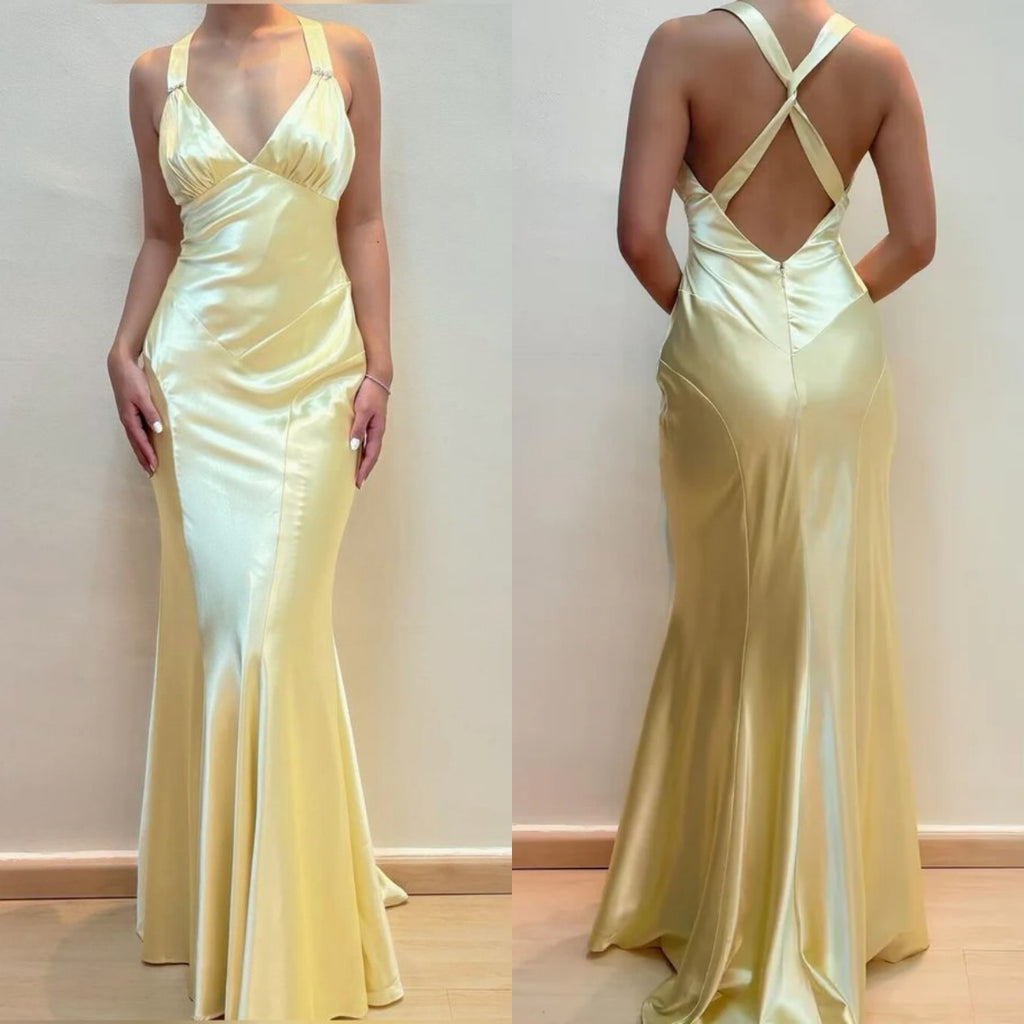Sexy V-neck Sleeveless Mermaid Satin Long Prom Dresses For Party, PG832