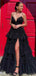 Elegant Spaghetti Strap V-neck Sleeveless A-line Black Tulle Long Prom Dresses For Party, PG276