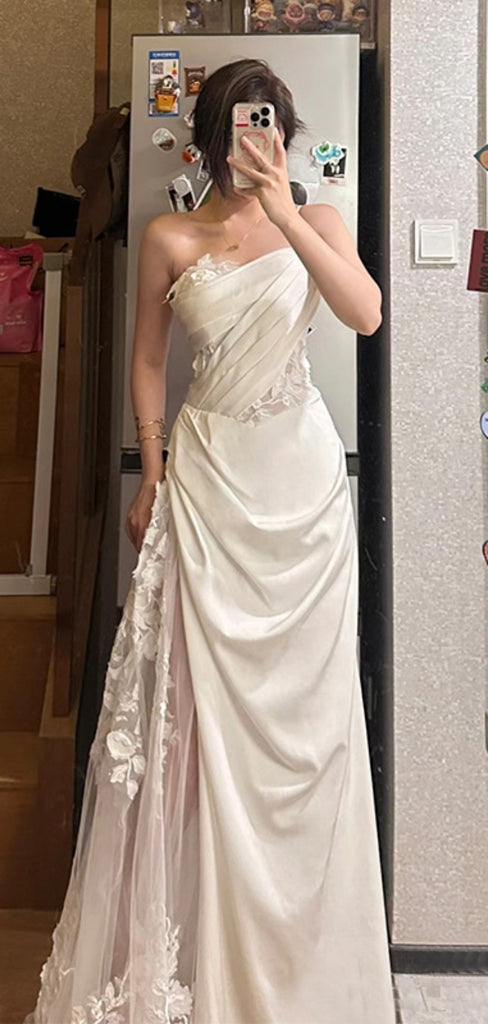 Formal One-shoulder Sleeveless Mermaid Satin Long Prom Dresses With Slit For Party, PG348
