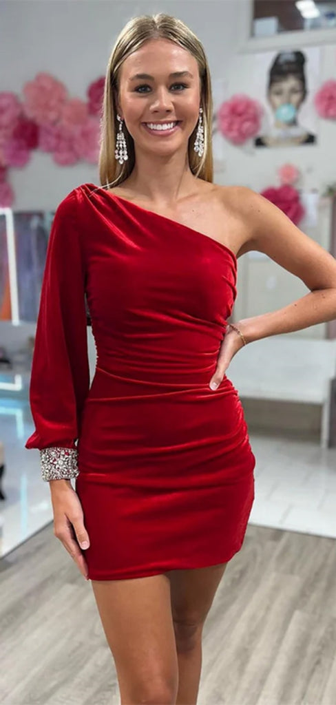 Sexy One-shoulder Short Mermaid Red Velvet Homecoming Dresses For Party, PGH204