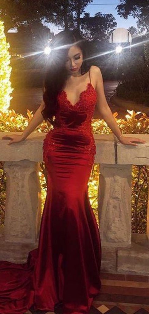 Sexy Spaghetti Strap Sleeveless Mermaid Satin Red Long Prom Dresses For Party, PG550