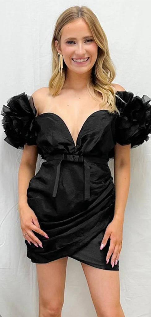 Sexy Off-shoulder Sleeveless Short Mermaid Satin Black Homecoming Dresses For Party, PGH232