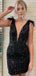 Sexy V-neck Sleeveless Short Mermaid Black Sequin Homecoming Dresses For Party, PGH260