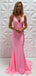 Sexy V-neck Sleeveless Mermaid Satin Pink Long Prom Dresses With Trailing For Party, PG268