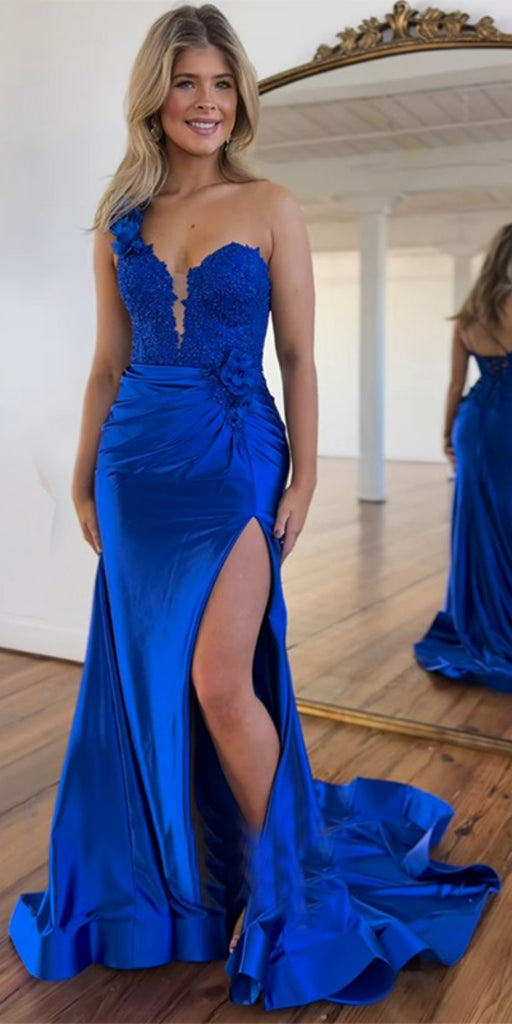 Elegant One-shoulder Mermaid Sleeveless With Side Slit Long Prom Dresses For Party, PG120