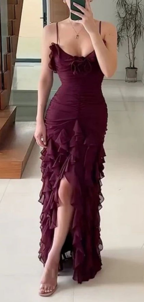Elegant Spaghetti Strap Sleeveless Mermaid Chiffon Long Prom Dresses For Party, PG440