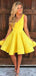 Simple V-neck Sleeveless A-line Satin Knee-length Homecoming Dresses For Party, PGH372