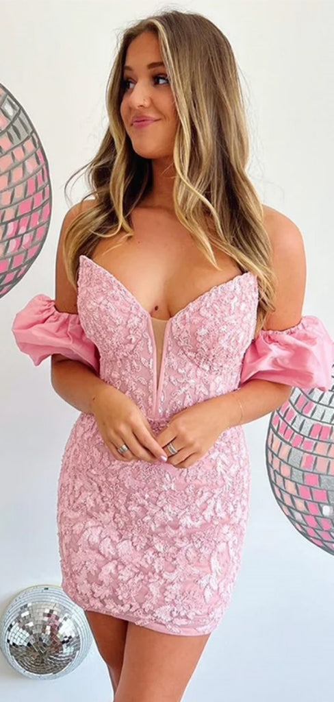 Sexy V-neck Sleeveless Short Pink Mermaid Lace Homecoming Dresses For Party, PGH252