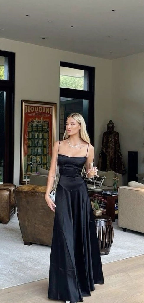 Formal Spaghetti Strap Sleeveless A-line Black Satin Long Prom Dresses For Party, PG388