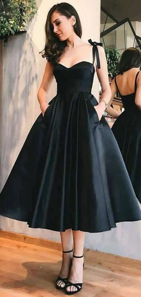 Formal Spaghetti Strap Sleeveless A-line Satin Long Prom Dresses Black For Party, PG228