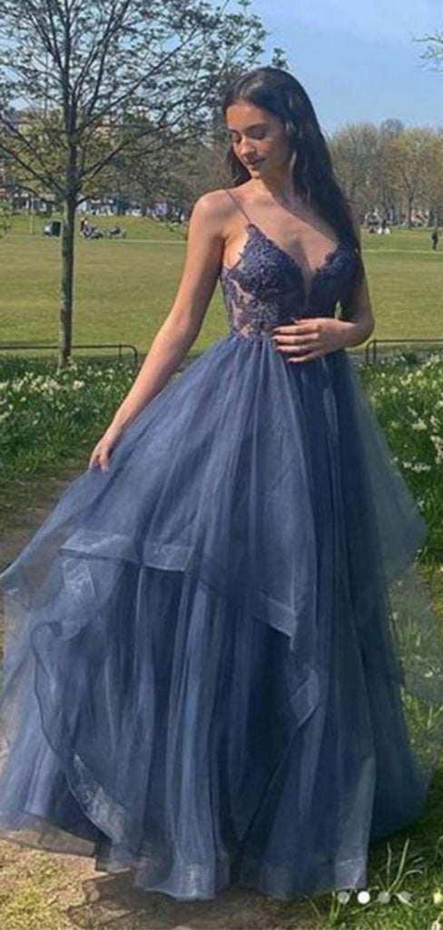 Elegant Spaghetti Strap V-neck Sleeveless A-line Tulle Long Prom Dresses For Party, PG436