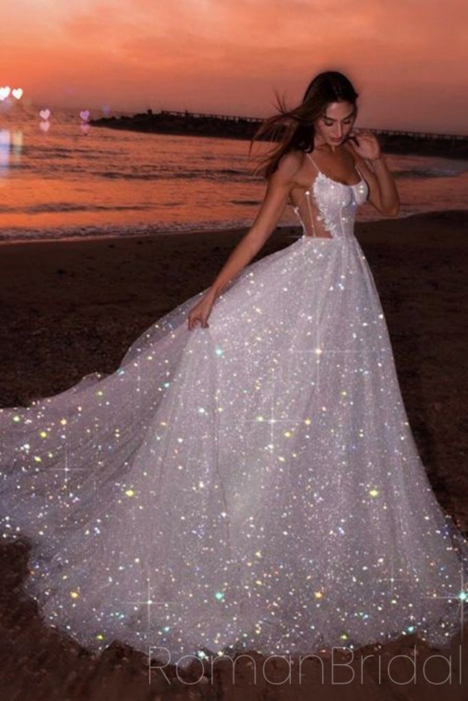 Sparkly Spaghetti Strap Sleeveless A-line Sequin Long Prom Dresses For Party, PG460