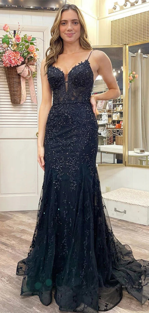 Sexy Spaghetti Strap Sleeveless Black Tulle Mermaid Long Prom Dresses With Trailing For Party, PG248