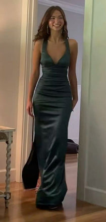 Sexy V-neck Sleeveless Mermaid Satin Long Prom Dresses For Party, PG981