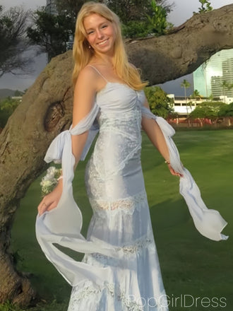 Elegant Spaghetti Strap Sleeveless Mermaid Satin Long Prom Dresses For Party, PG1015