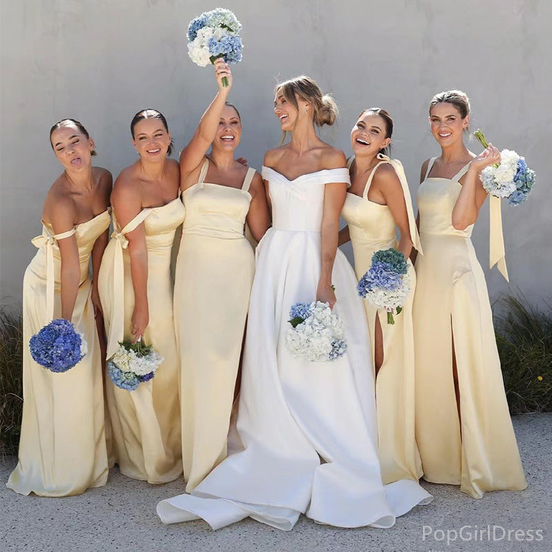 Formal Off-shoulder Sleeveless Mermaid Satin Bridesmaid Dresses With Slit For Wedding Party, PGB112