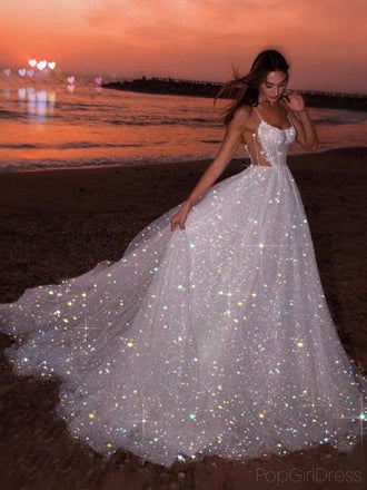 Sparkly Spaghetti Strap Sleeveless A-line Sequin Long Prom Dresses For Party, PG460