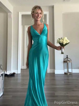 Soft V-neck Sleeveless Mermaid Satin Long Prom Dresses For Party, PG396